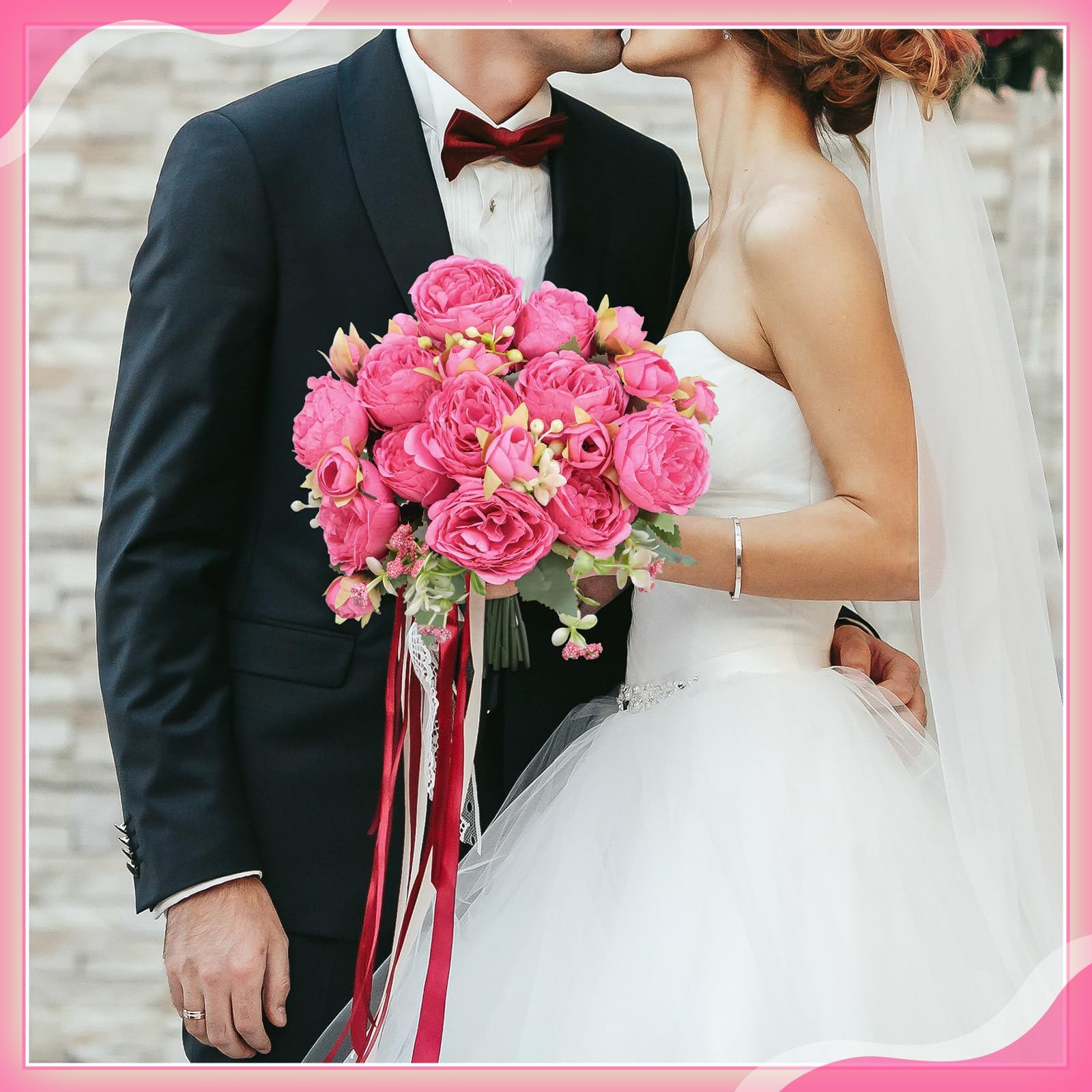 4 PCS Hot Pink Peonies Artificial Faux Flowers Wedding Bridal Bouquet Decor