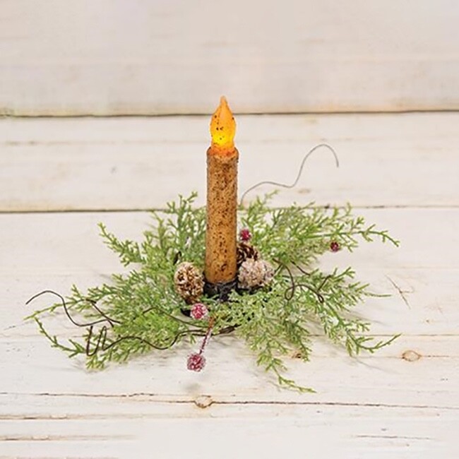 Frosty Red Berry & Cone Mini Taper Candle Ring 1.5″ Inner Diameter Christmas