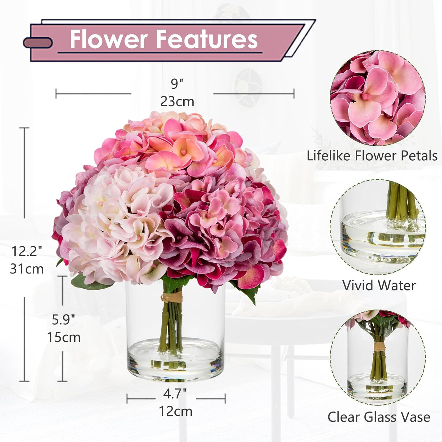 Real Touch Pink Hydrangea in Vase – Large Faux Flower Arrangement Decor