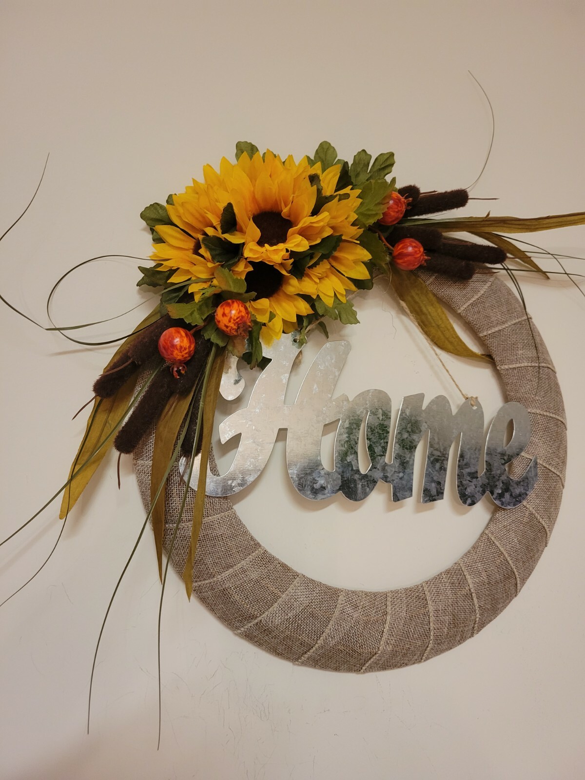 HOME Sunflowers Cat tails Mini Pomegranates burlap WREATH FALL Decor Front Door