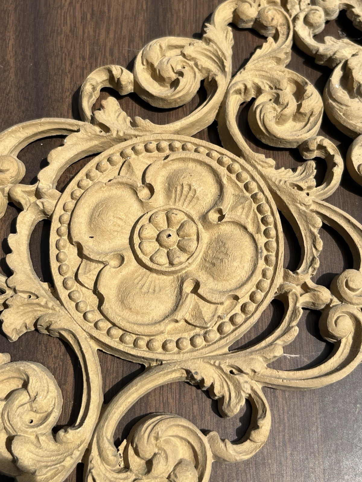 Natural Wood Leaf Scroll Carved Flower Appliqué Furniture Pair