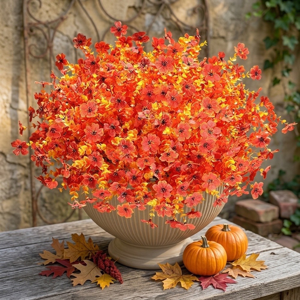 12 Pack Artificial Orange Mums For UV Resistant Autumn Flowers 35cm Plastic