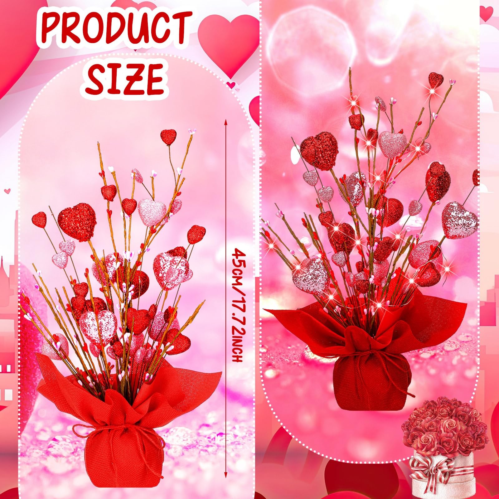 2 Pack Valentines Heart Table Tree Decorations 18 Inch LED Light up Artificia…