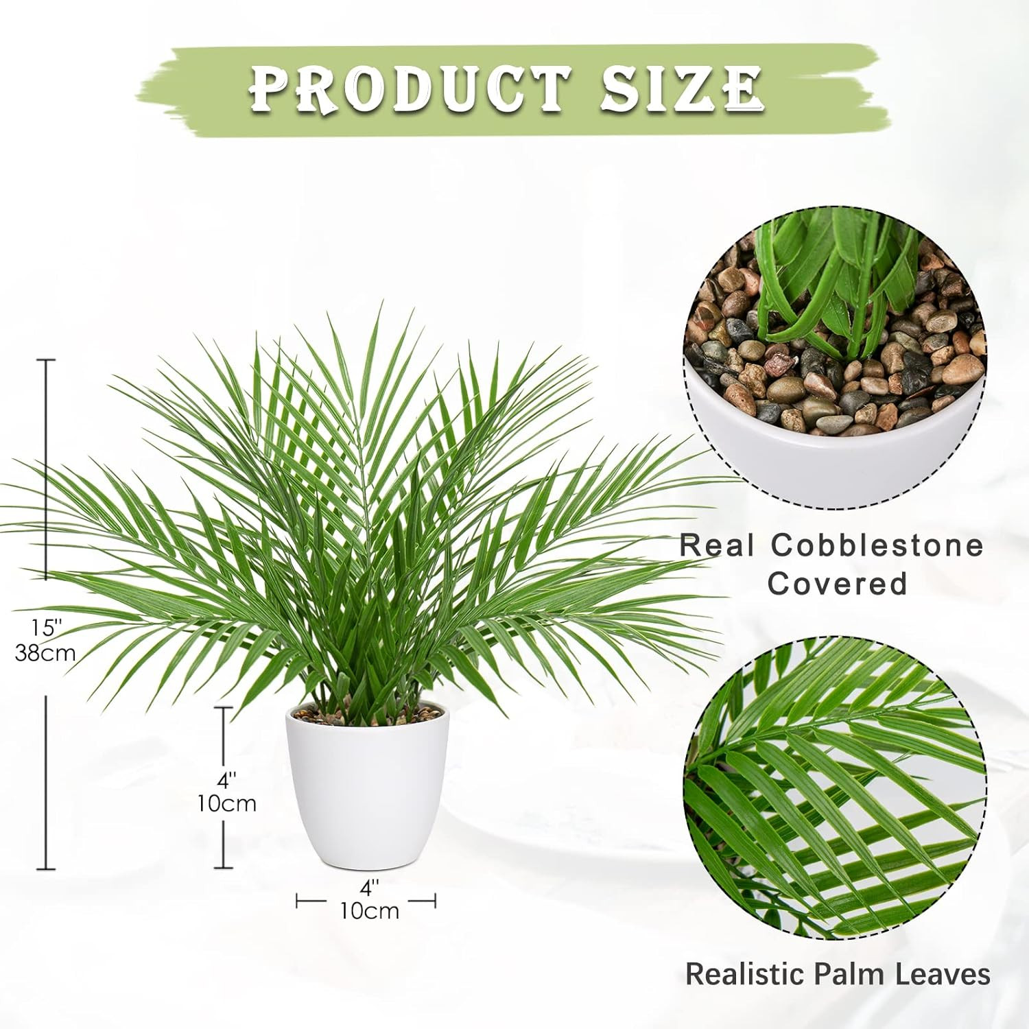 Fake Plant 15’’ Artificial Palm Plant in White Pot Real Touch Faux Tropical Palm