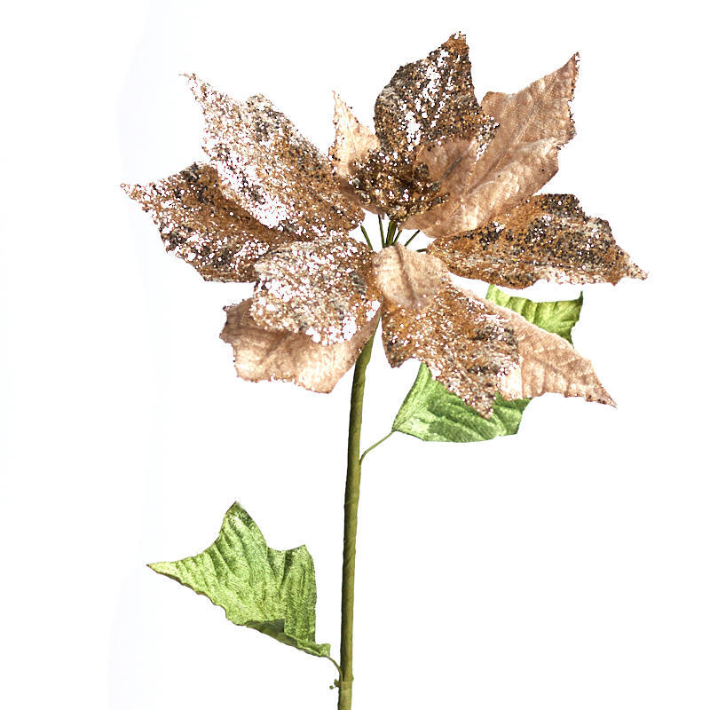 Package of 2 Platinum Velvet and Glitter Poinsettia 21″ Stems with 7″ Blooms