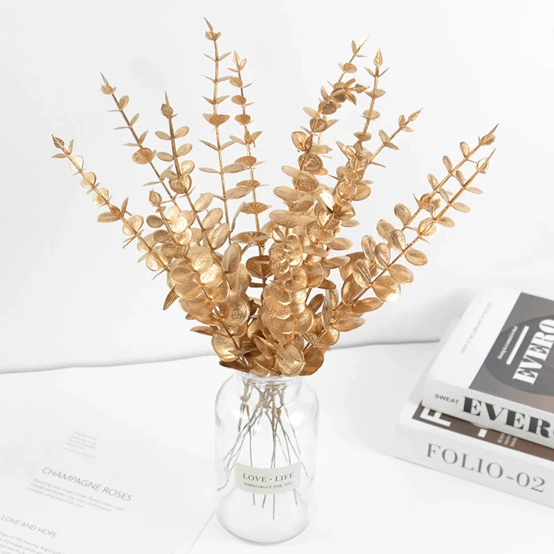 10Pcs Gold Eucalyptus Leaves Branch Artificial Plants Christmas New Year Deco