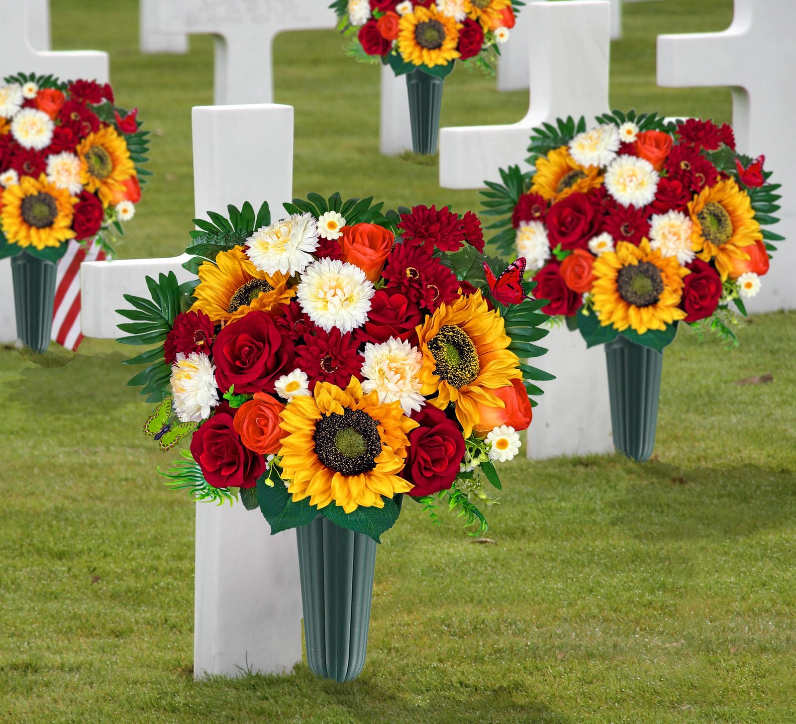 Artificial Cemetery Memorial Flowers Arrangements Silk Sunflower Rose Daisy