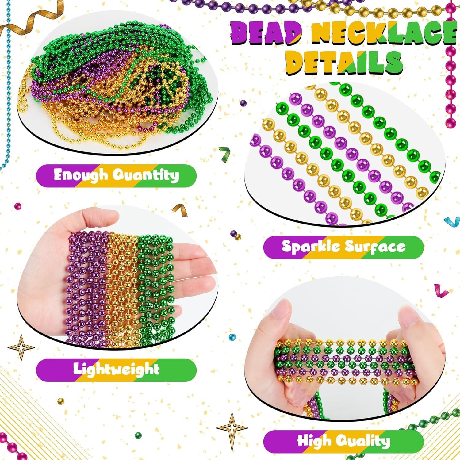 24 PCS Mardi Gras Beads Necklaces, 33″ Green Purple Gold Metallic Costume Access