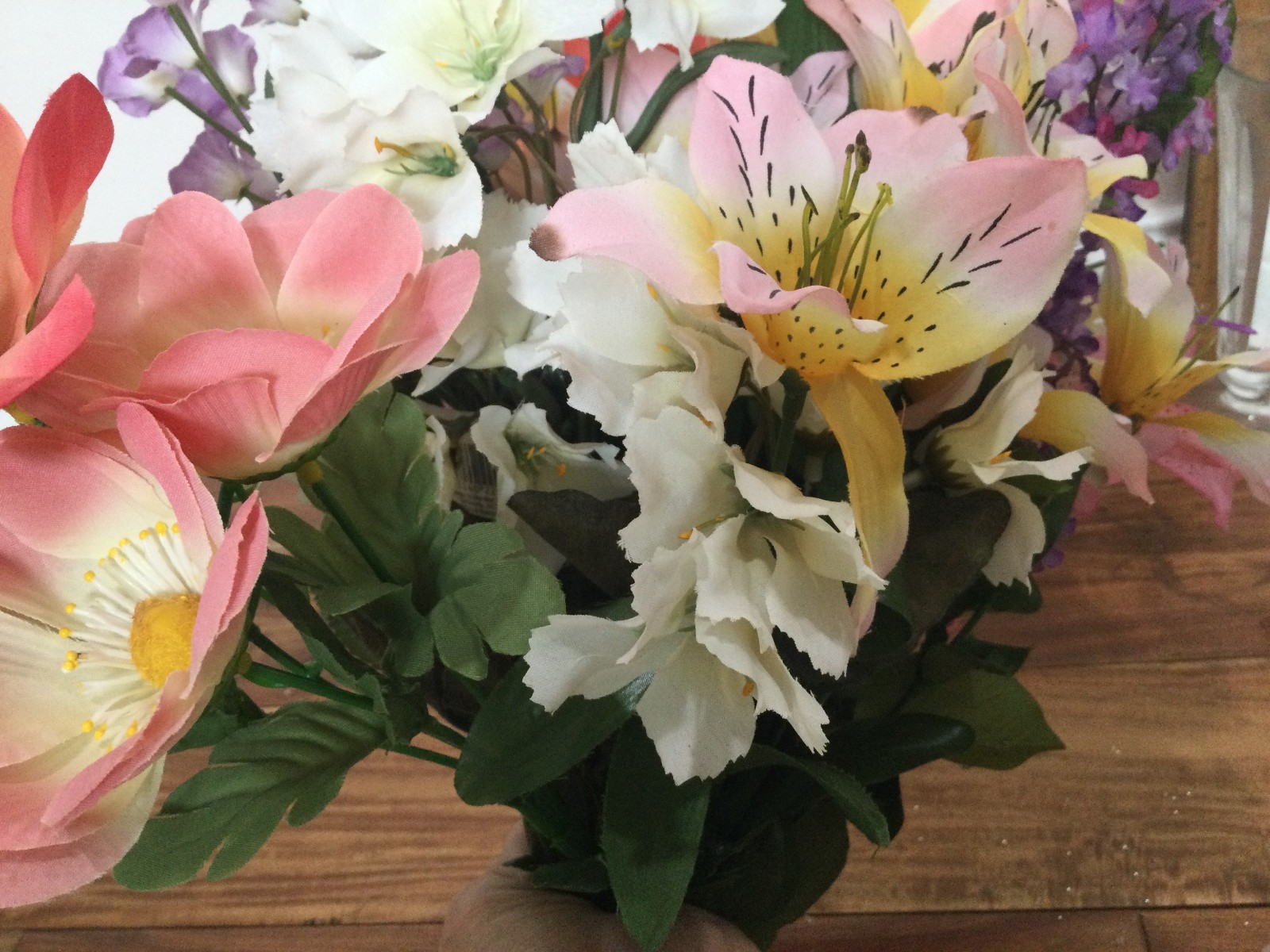 vintage floral arrangement faux flowers silk in a pedestal glass lilies pink