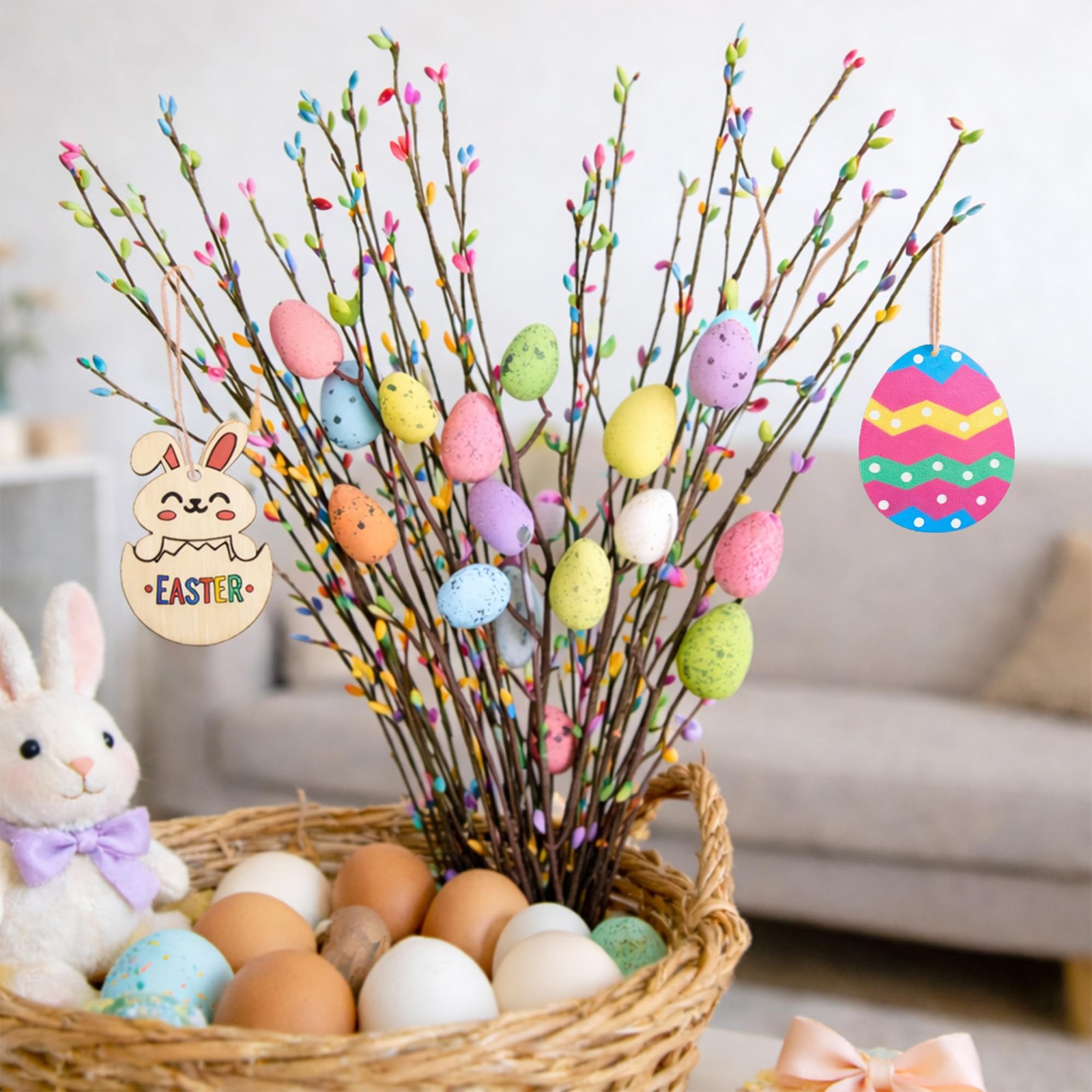 Artificial Easter Spray Vine with Pastel Easter Eggs and Berries, Wooden Eggs…
