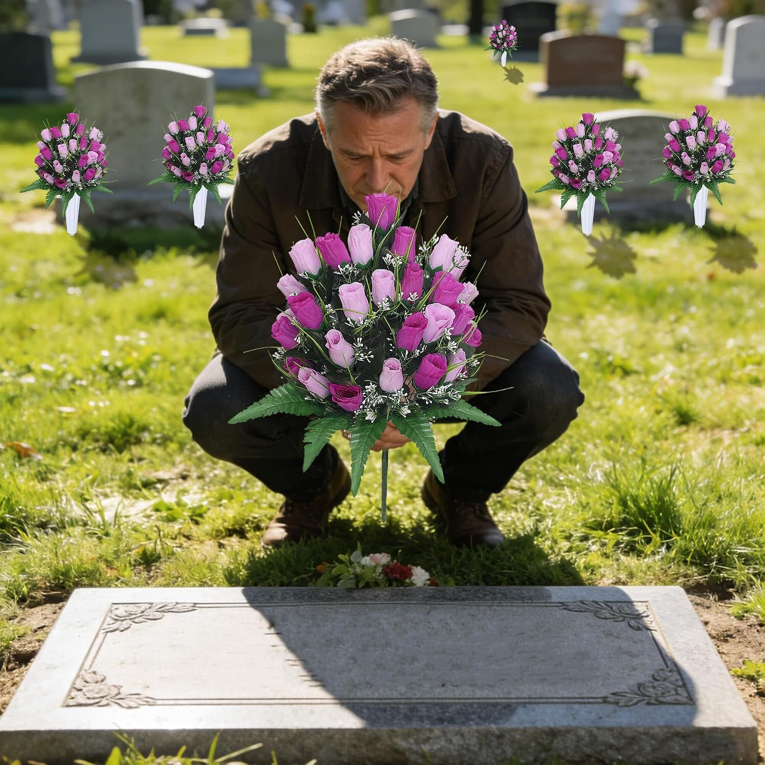 Artificial Cemetery Flowers with Vases 2 Sets Memorial Rose Bouquets for Outdoor