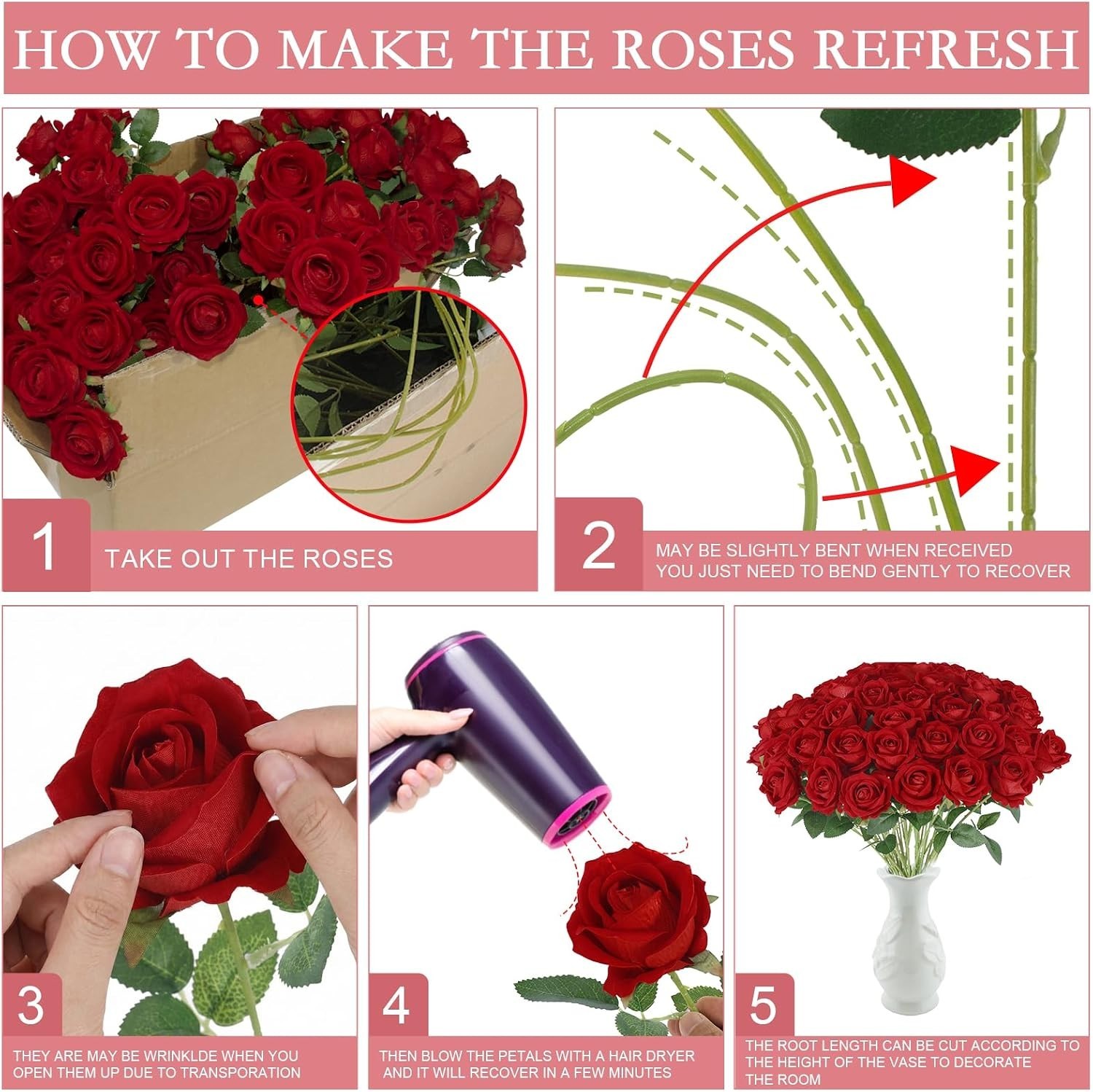 50 Pcs Artificial Roses in Bulk – Realistic Silk Flowers