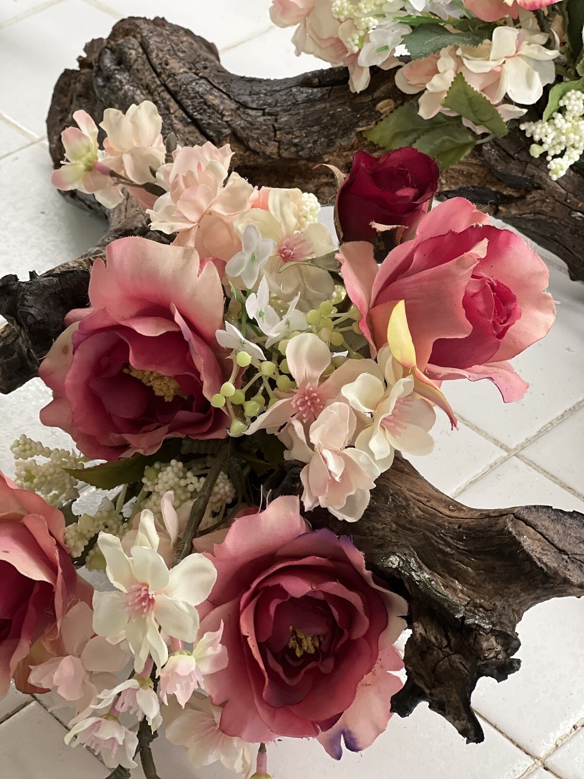 ORIGINAL FLORAL DESIGN WOOD BASE, ROSES, PEACH BLOSSOMS MOSSES BABY BREATH