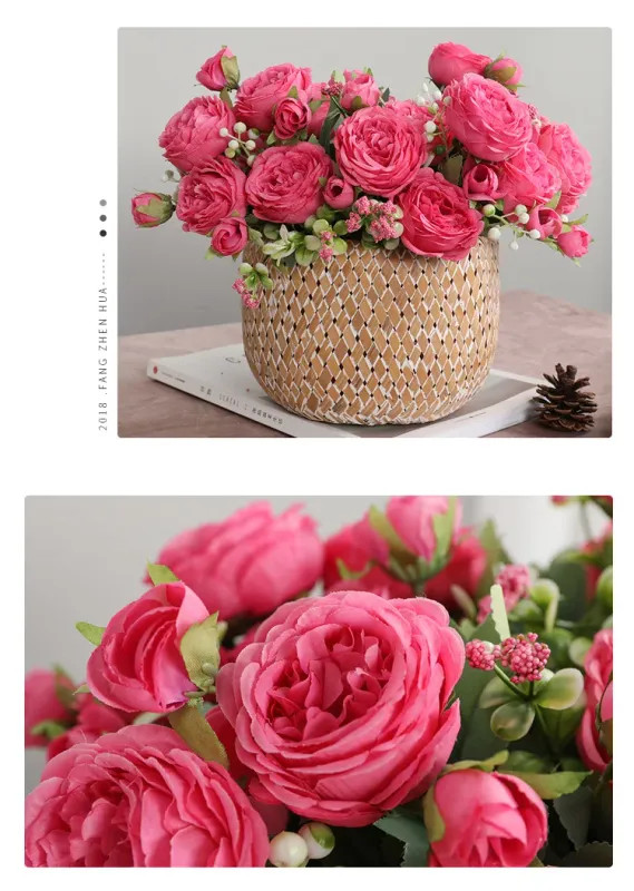 30cm Rose Pink Silk Peony Artificial Flowers Bouquet 5 Big Head and 4 Bud Cheap
