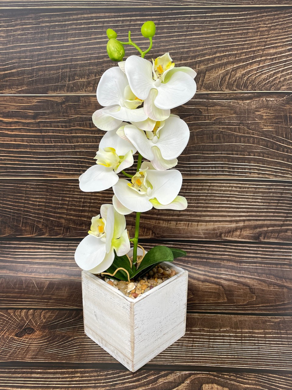 16″ Potted White PHALAENOPSIS ORCHID faux Silk flower plant in White wood box