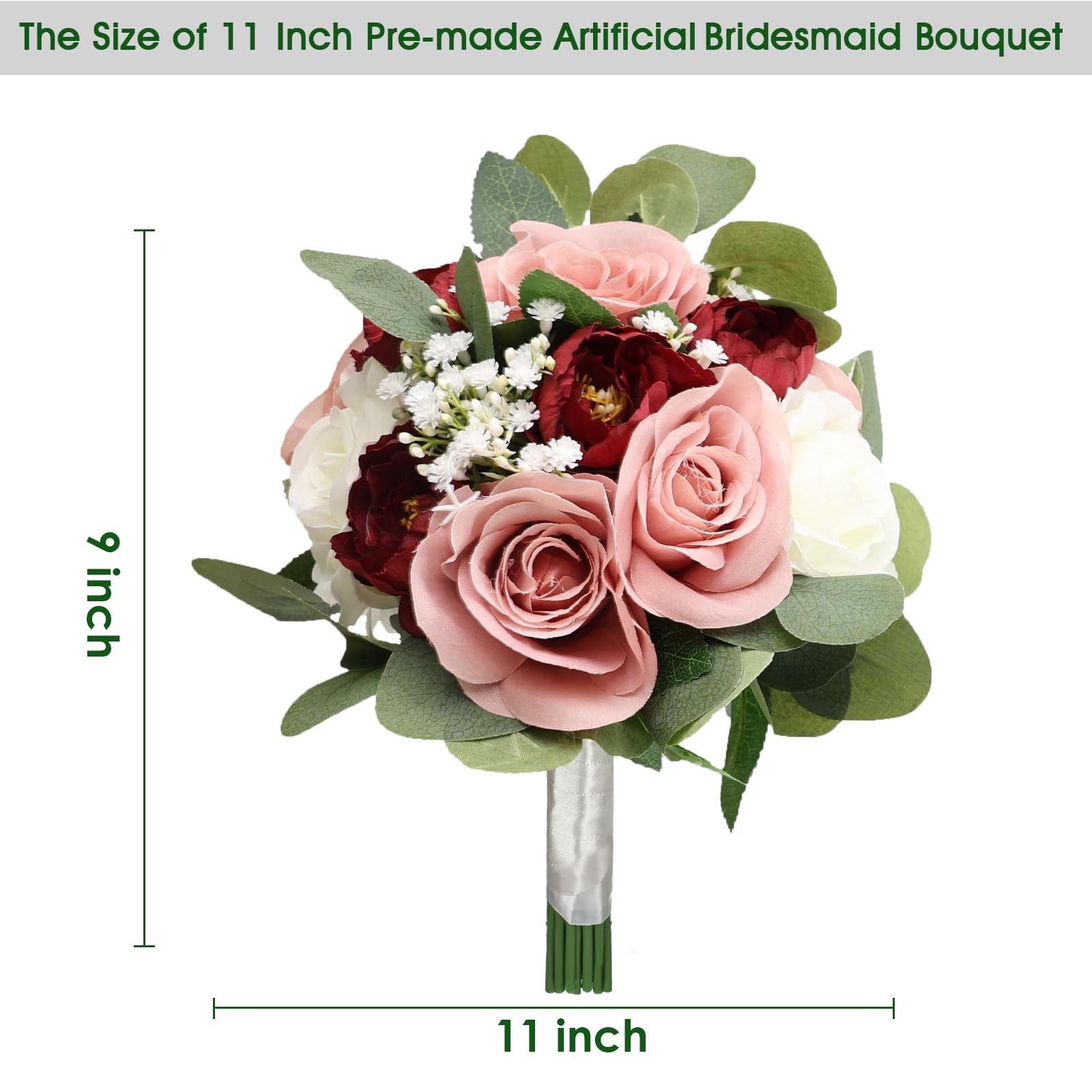 11 Inch Dusty Pink & Burgundy Silk Rose Peony Bridesmaid Bouquets Decor