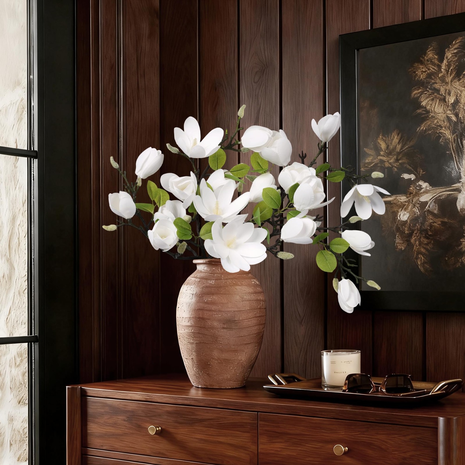 5PCS Artificial Magnolia Flowers Stems, Fake White Magnolia Floral Buds, 26″ …