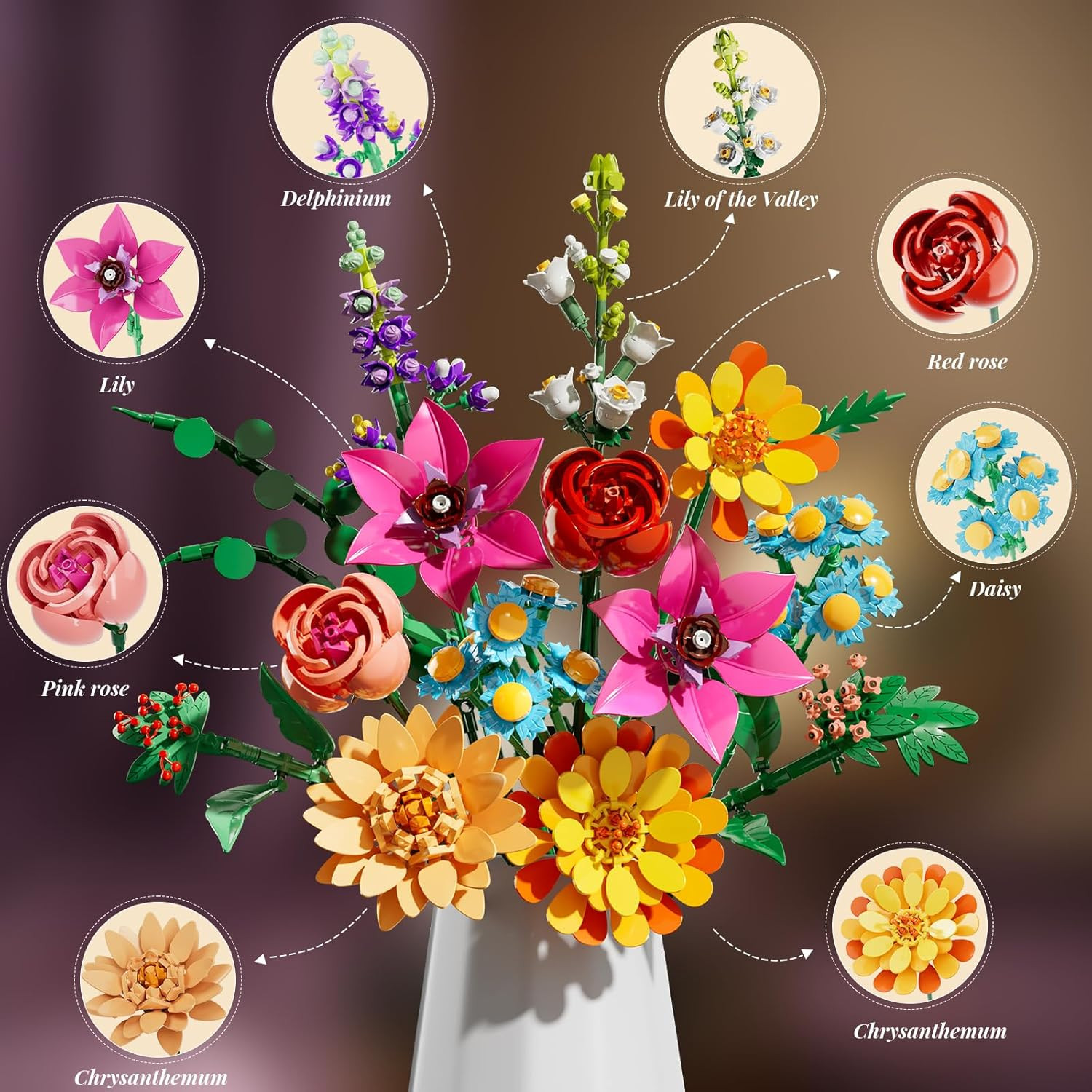 Flowers Bouquet Building Set,891Pcs Artificial Plant Flower Kit Toy for Kids, Ar