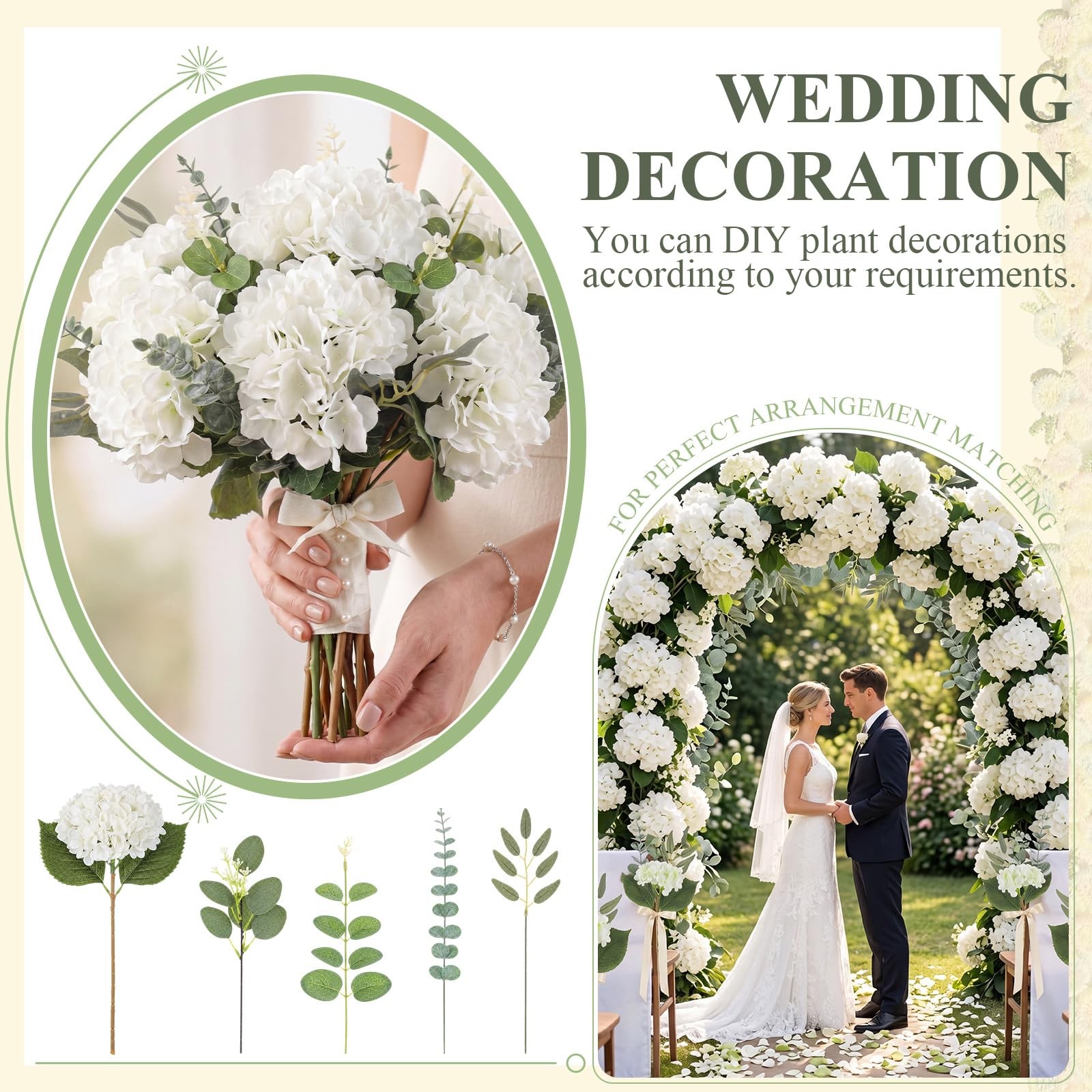 56 Pcs White Hydrangea Artificial Flowers and 4 Kinds Mixed Eucalyptus Leaves…