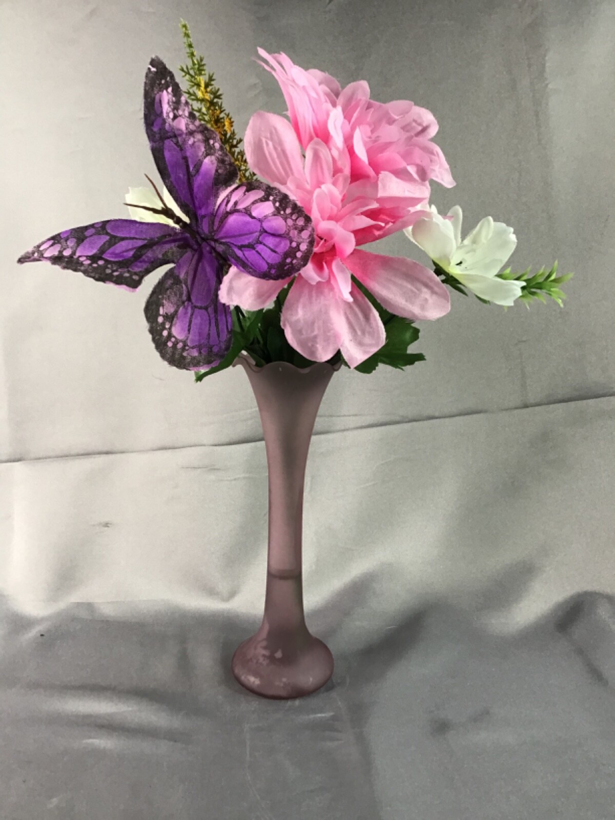 Vintage Vase Purple Butterfly Pink & White Flower Arrangement in Faux Water