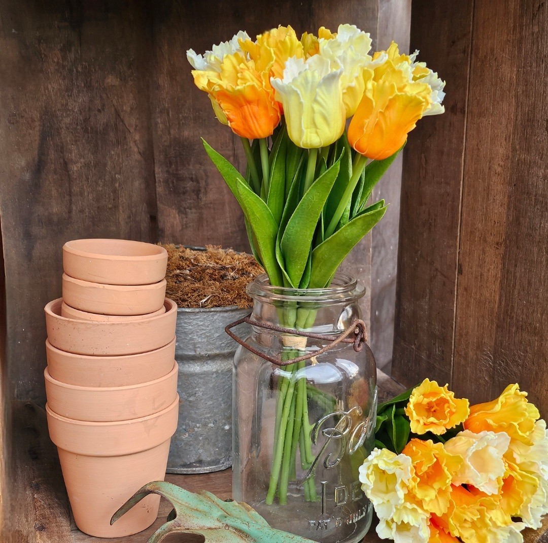 Real Touch orange yellow Artificial Tulips 12 Flower Stems LOOK REAL Spring