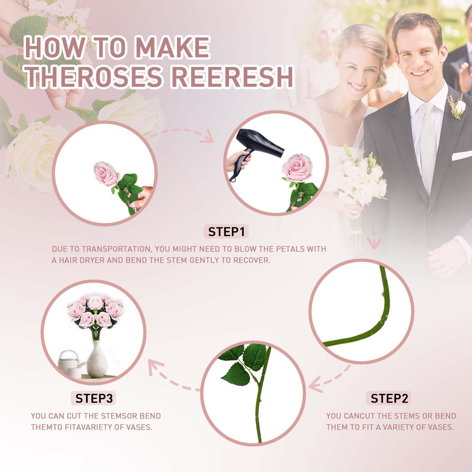 12PCS Pink Artificial Roses with Long Stems, Realistic Faux Silk Roses Flower…
