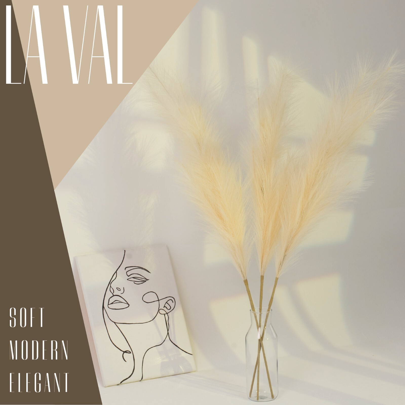 LA VAL Faux Pampas Grass Tall 43″ 110cm 3pc Modern
