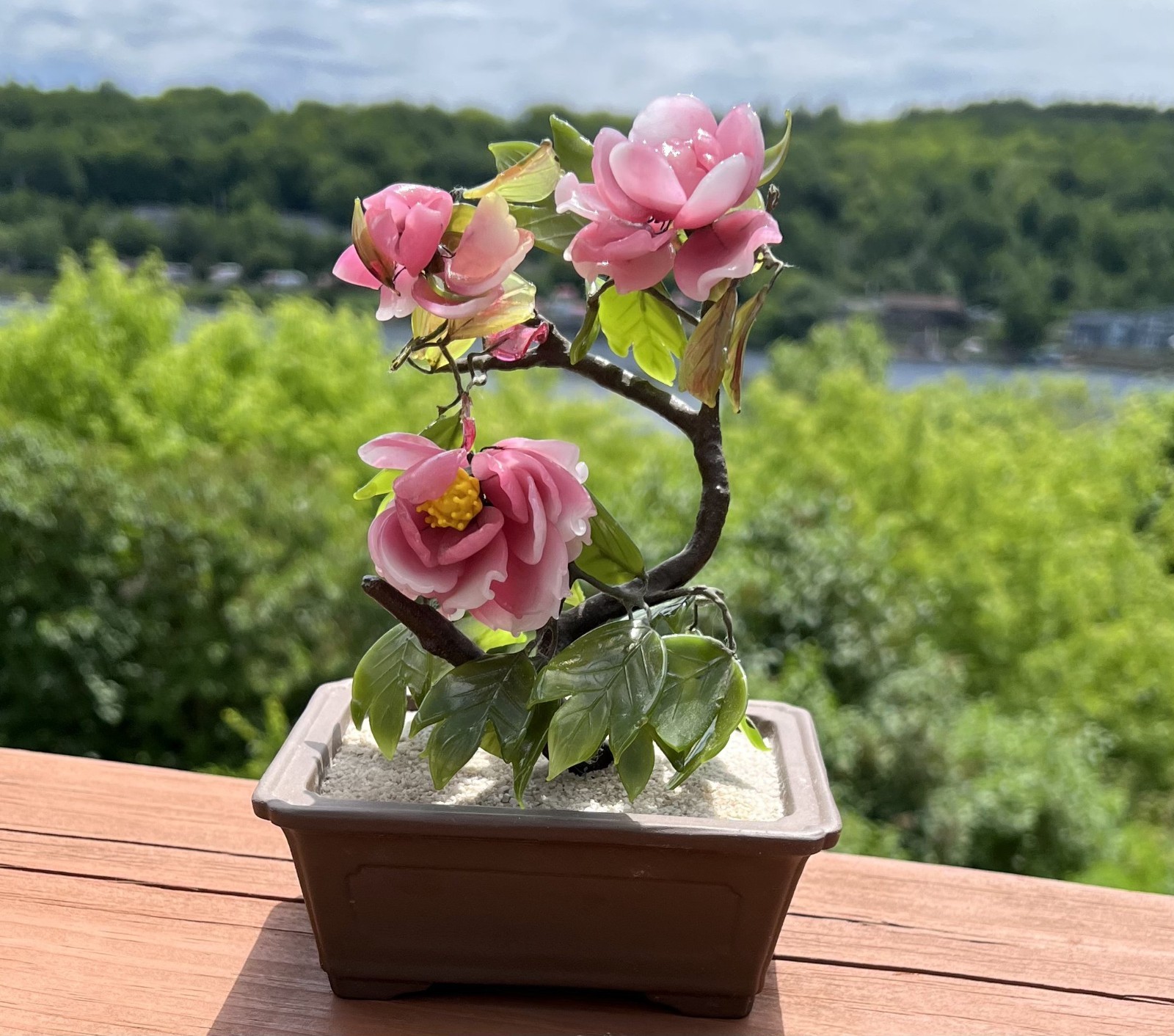 Vintage 8” Shohin Bonsai Glass Peony Tokoname Artist Signed Terra Cotta Pot