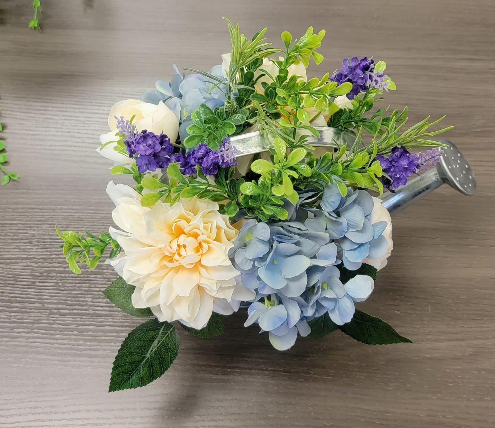 Dahlia Hydrangea Ranunculus Lavender in silver metal wantering can Arrangement,
