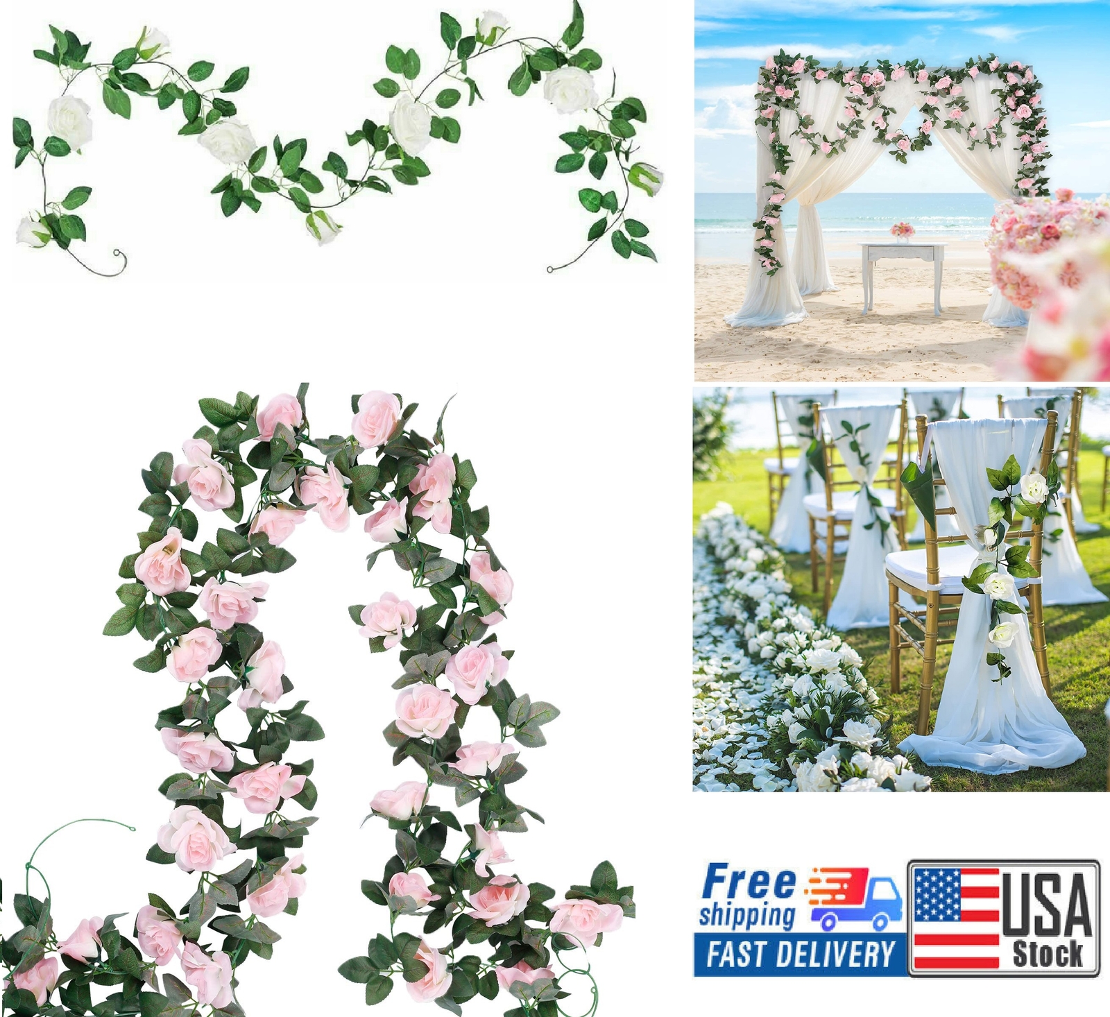 3PCS 7.5 Ft Artificial Fake Rose Vine Garland Hanging Plants Home Wedding Decor