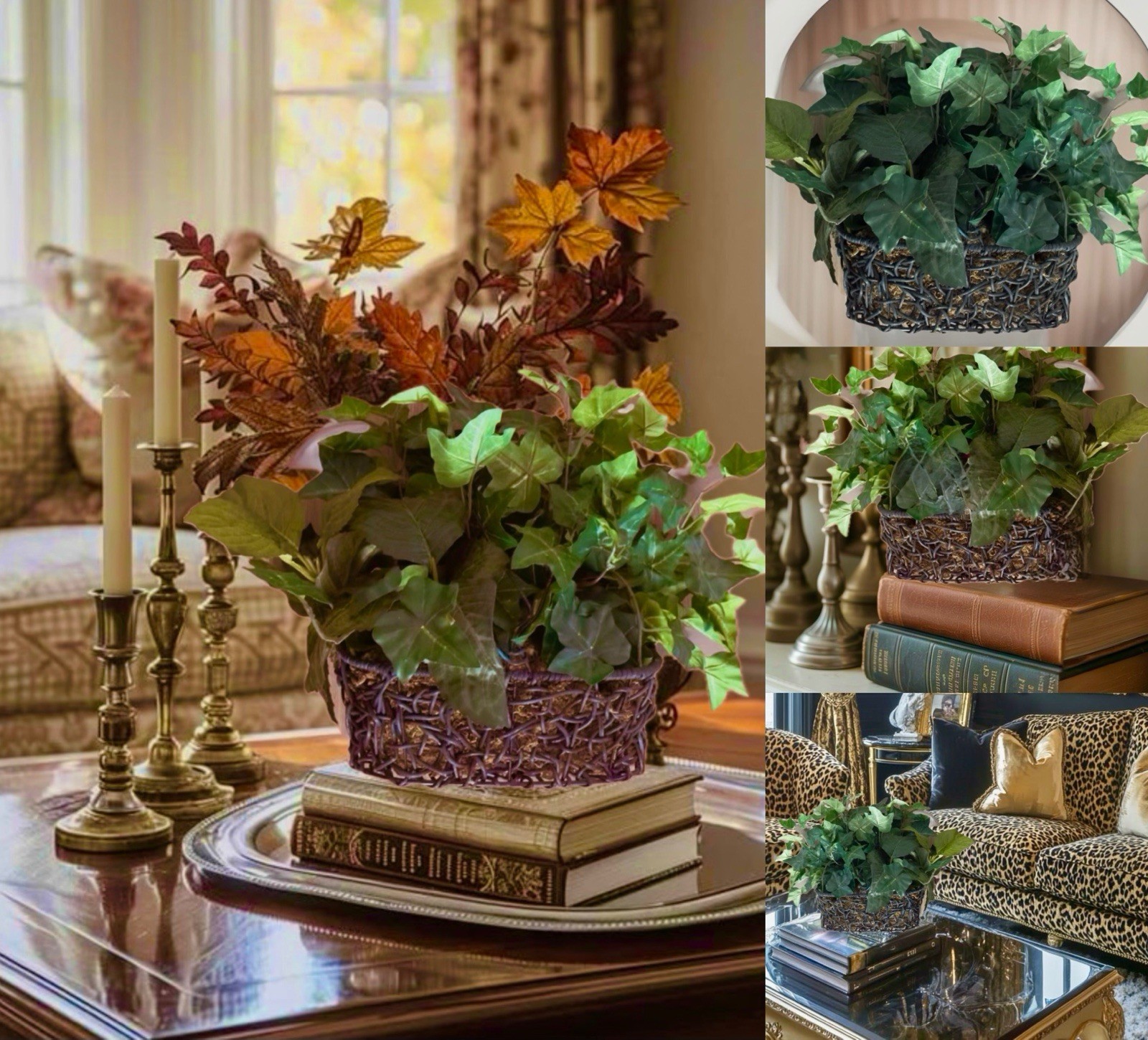 Artificial English Ivy Plant in Dark Woven Basket Faux Silk Green Home Decor 17”