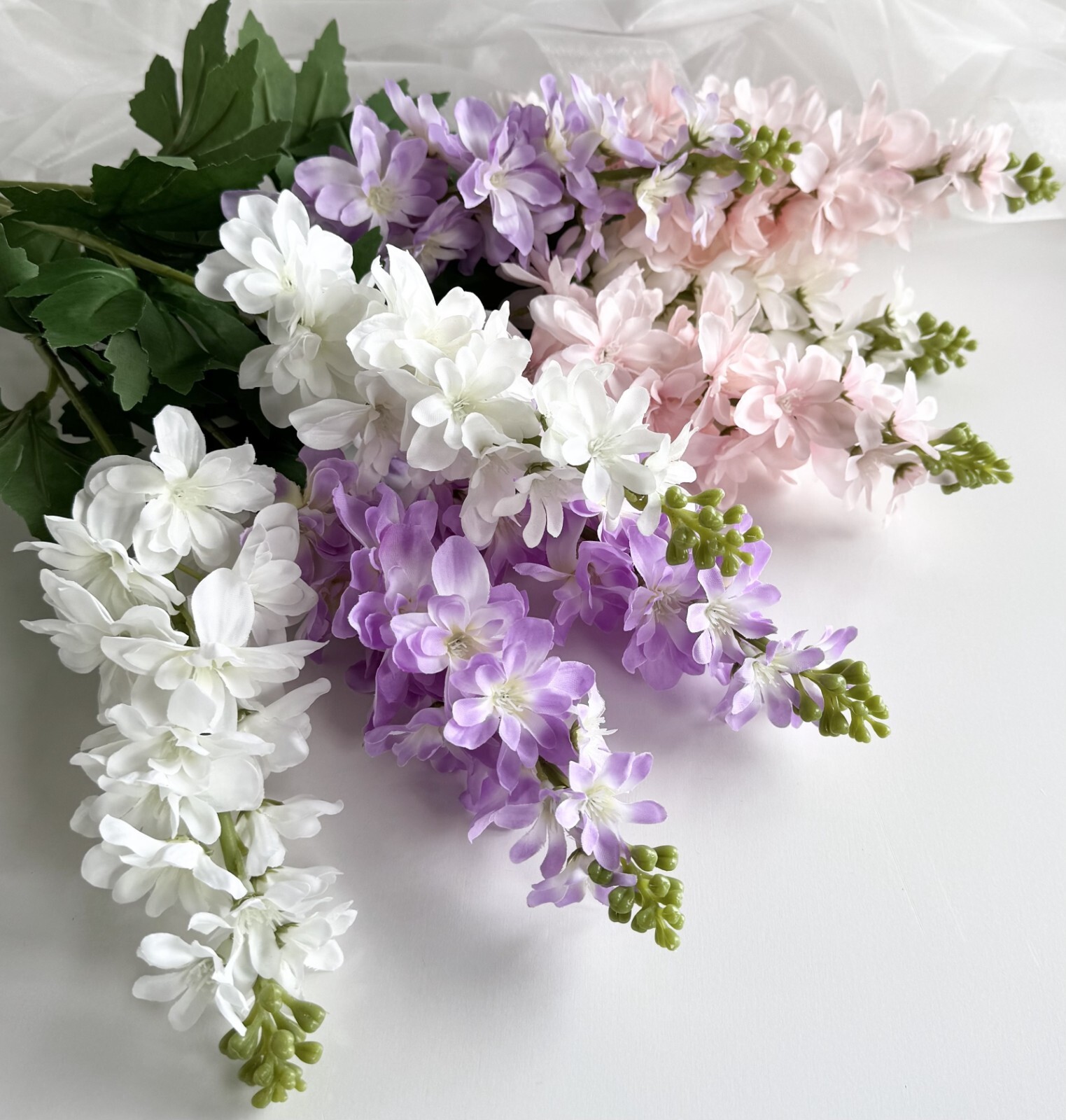 Delphinium Flower Stem Faux Silk Florals White Pink Purple Cottage Flowers x 1