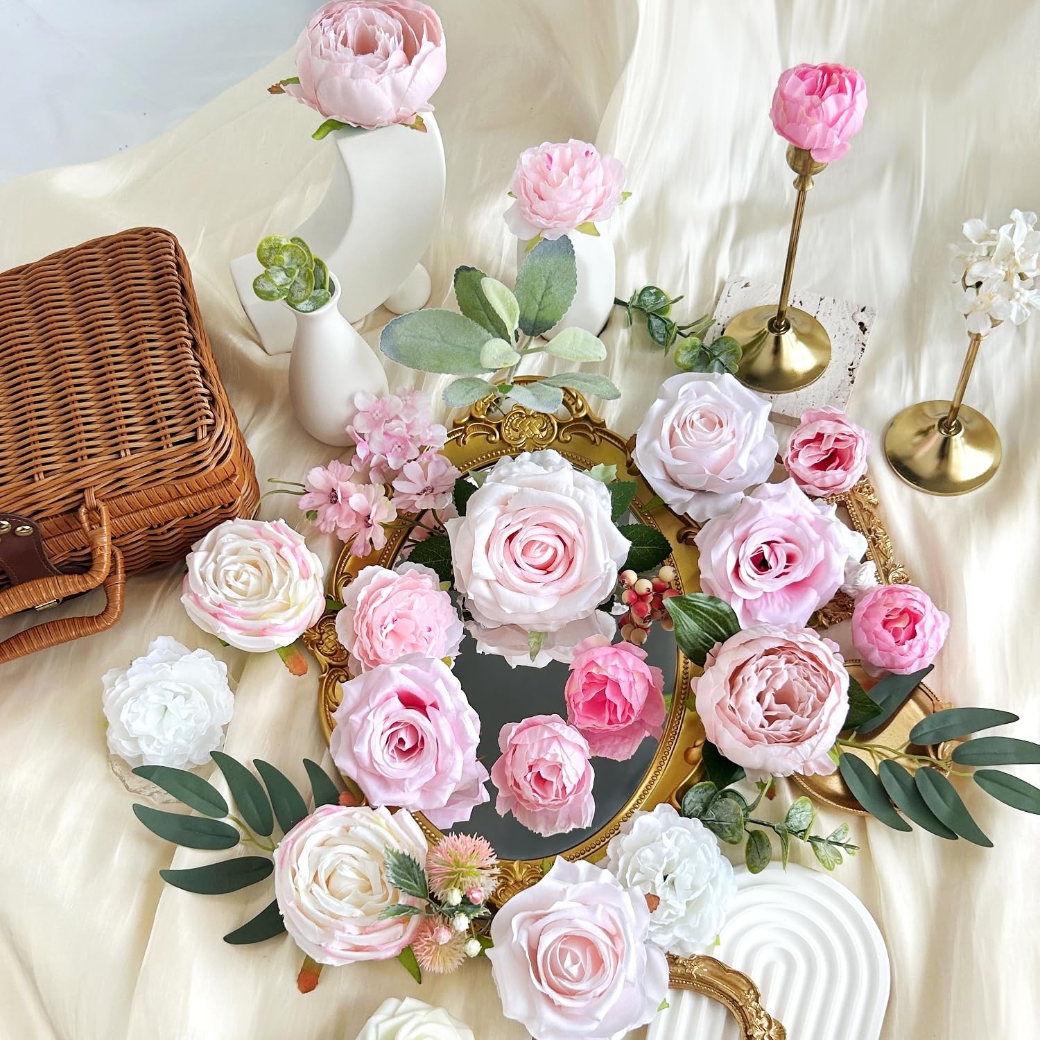 Blush Pink Artificial Flowers Combo Box Set Light Pastel Silk Roses with Stem…