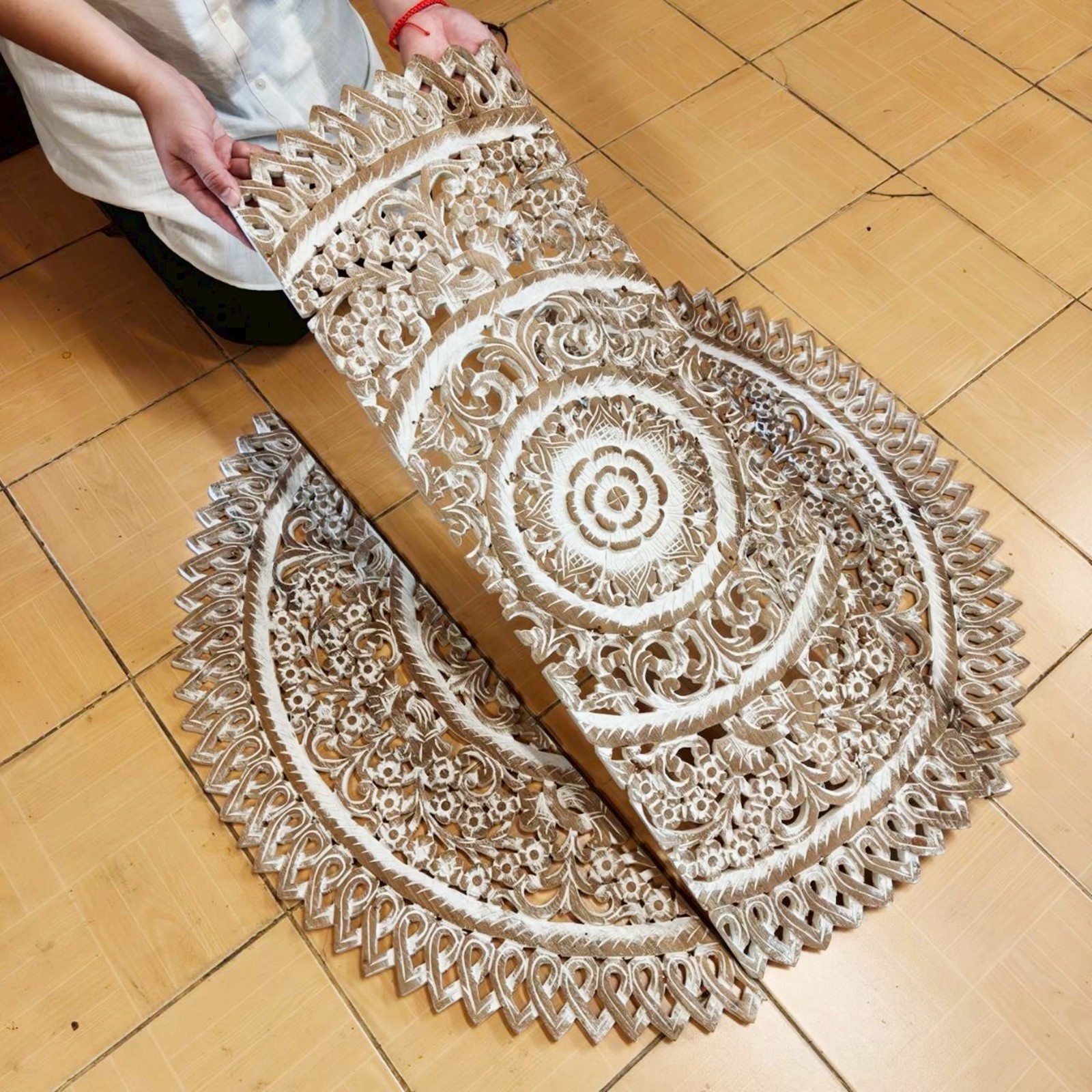 36″ Large Round White Mandala Wood Carving Wedding Decor Nursery Coastal Living