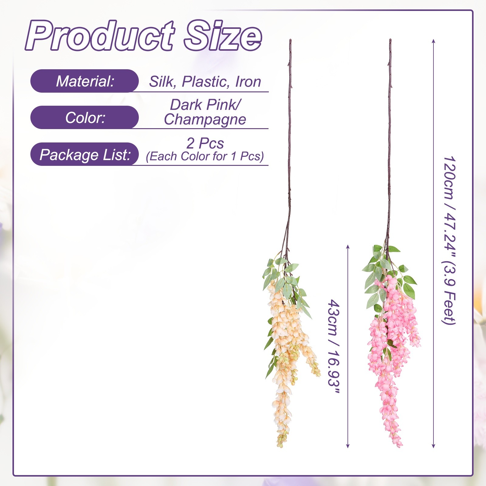 2 Pcs Artificial Wisteria Hanging Flowers 3.9 ft Fake Floral Dark Pink/Champagne