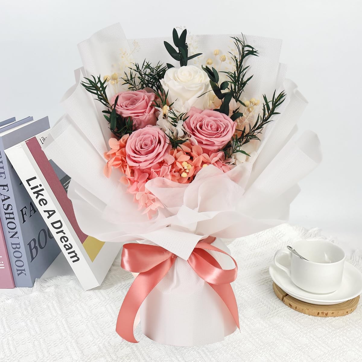 Preserved Flowers Bouquet Pink Rose Gift For Her Mom Grandma Anniversary