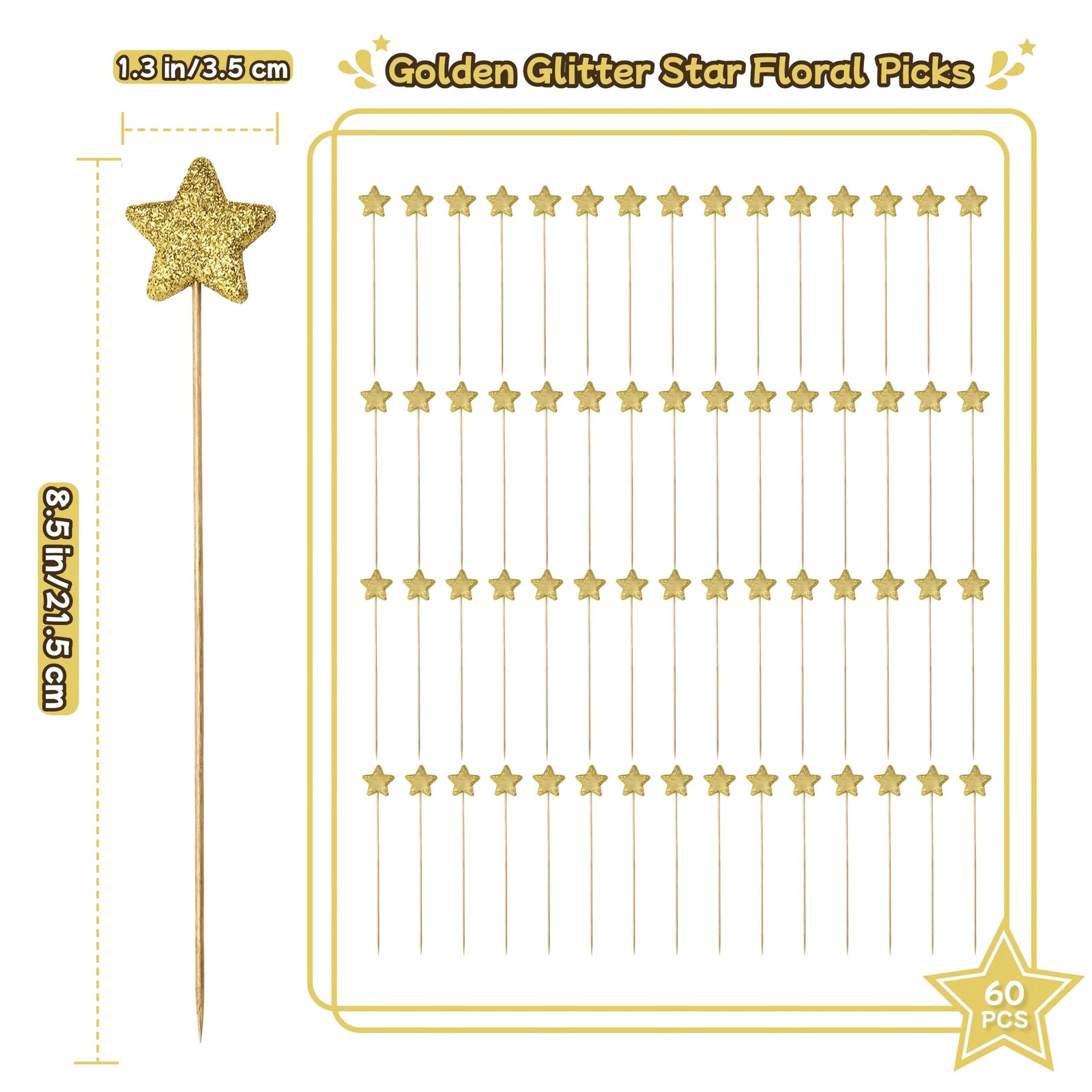 60 PCS Golden Glitter Star Floral Picks, 8.5 Inch Sparkly Foam Star with Wood…