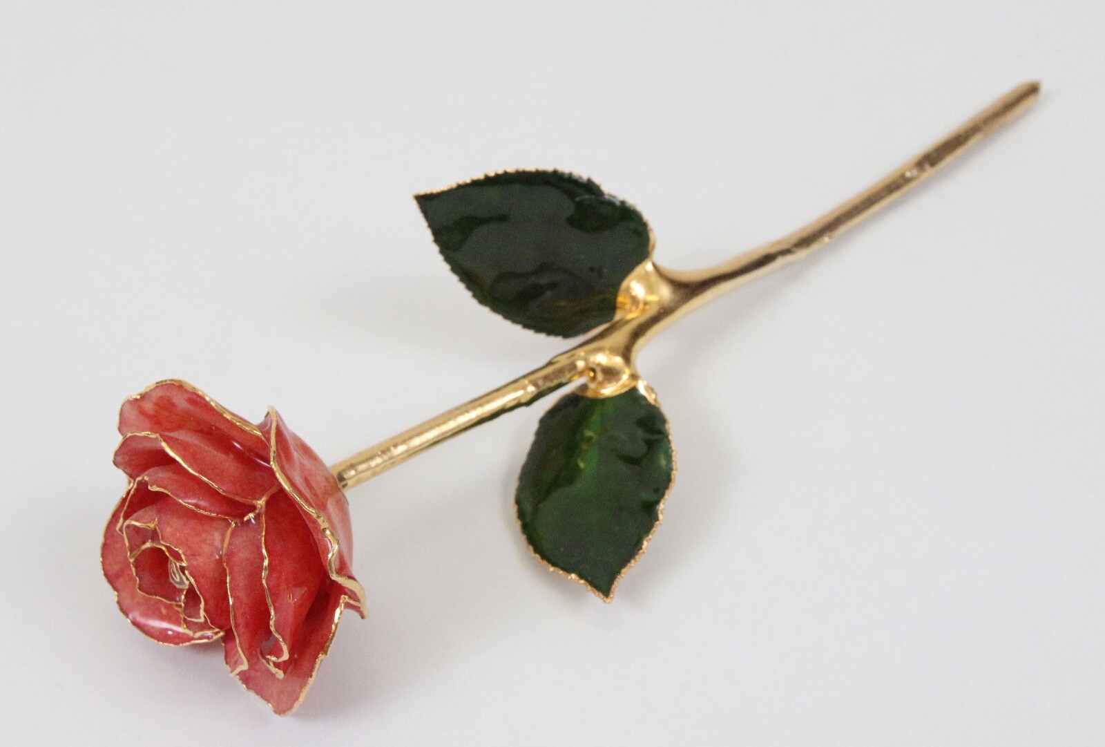 Lacquer Dipped Gold Trim Real Rose Flower 11.5″ Orangish Pink