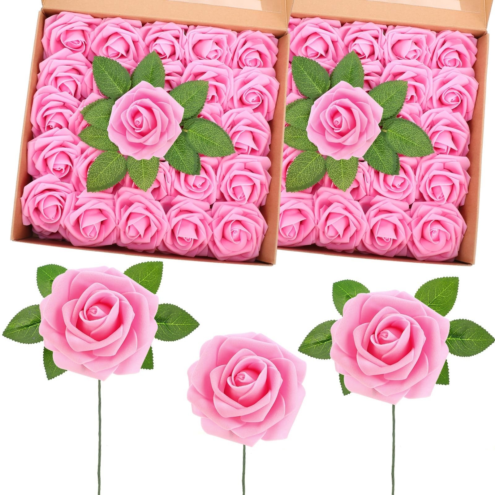 100 Pcs Faux Foam Rose Flowers with Stems for DIY Wedding Bouquets & Home Decor