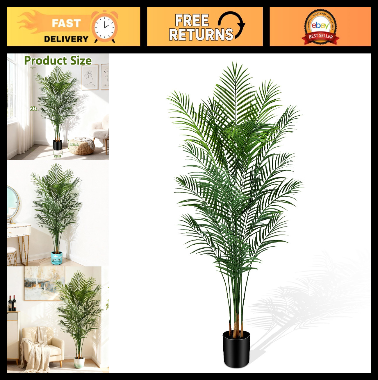 6ft Artificial Palm Tree – Large Faux Areca Plant with 18 Trunks for Home Decor