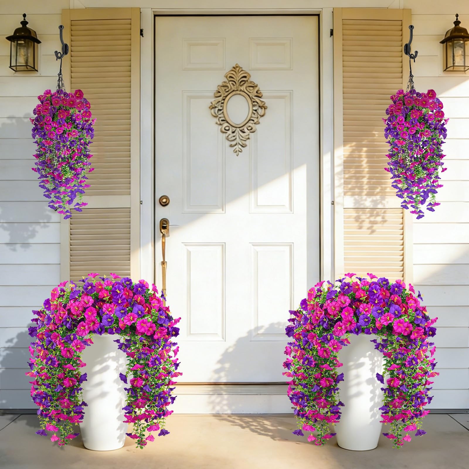Artificial Hanging Flowers for Outdoors, 4 PCS 600 Blooms UV Resistant Mornin…