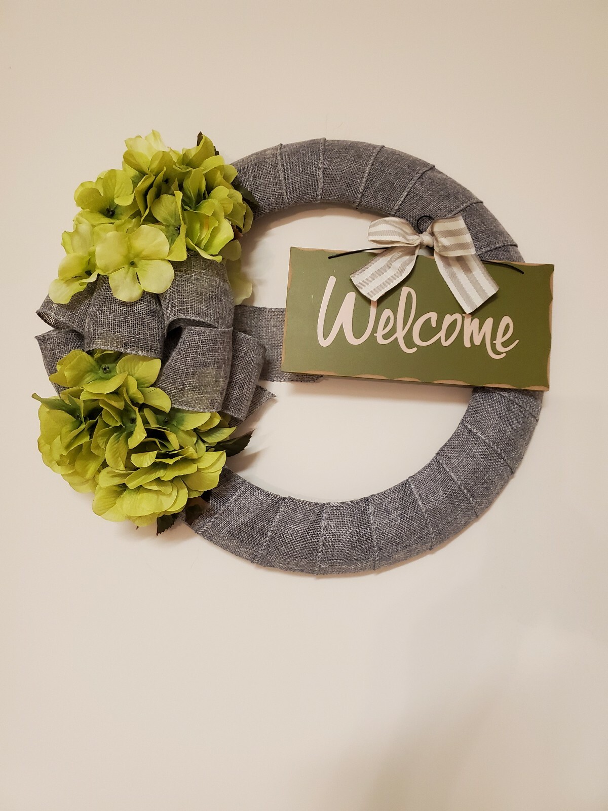 WELCOME green FLOWER Hydrangeas burlap WREATH FALL autumn Decor Front Door 15″