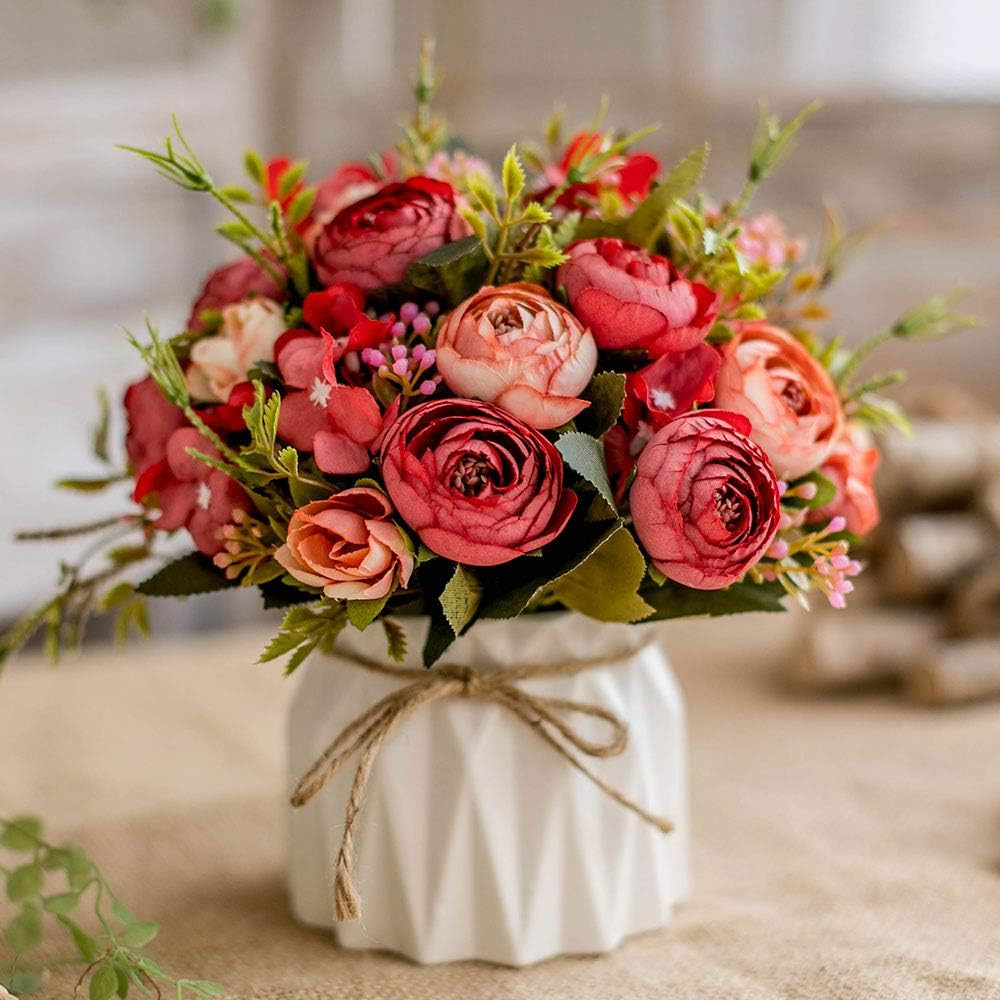 TKAS Artificial Flowers Fake Flowers Silk Rose Bouquet w/ Ceramic Vase Red Bud