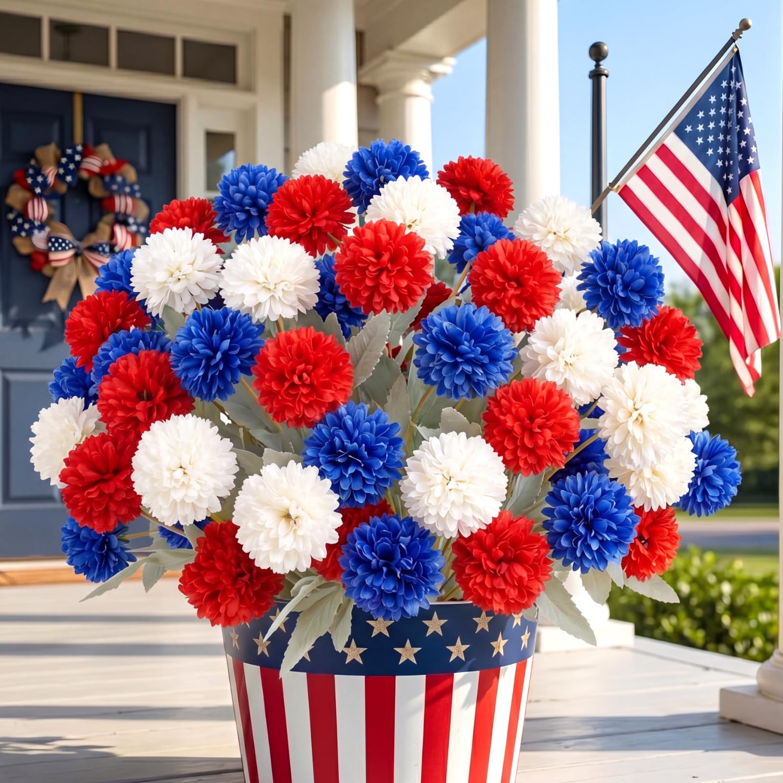 24 Bundles 4th of July Red Blue White Artificial Flowers for Outdoor Patrioti…