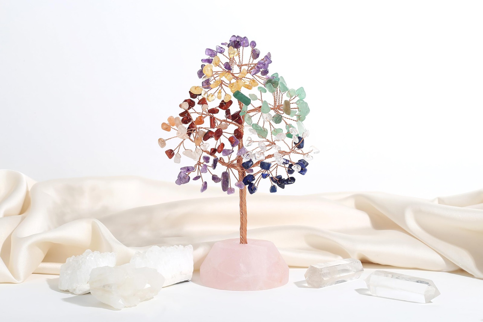 7.09 Inch 7 Chakra Crystals Healing Stones Rose Quartz Copper Wire Tree Desk