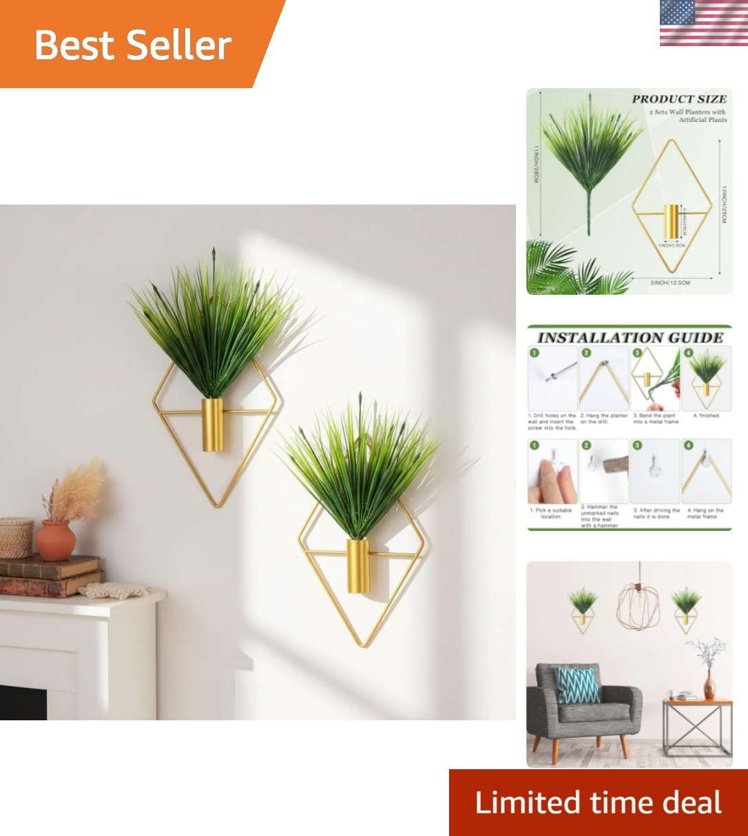 2 Pieces Gold Wall Decor Hanging Planters with Artificial Plants Metal Vase I…