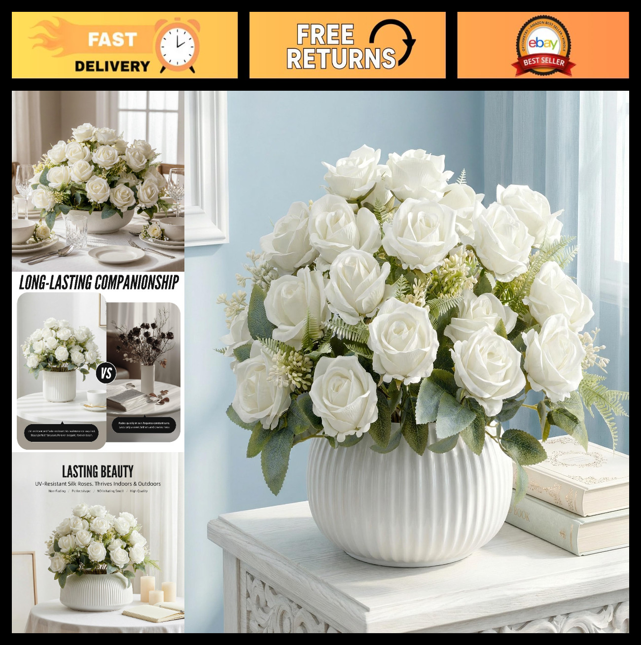 Artificial White Roses – 24 Silk Faux Flowers with Stems for Home Decor, Wedding