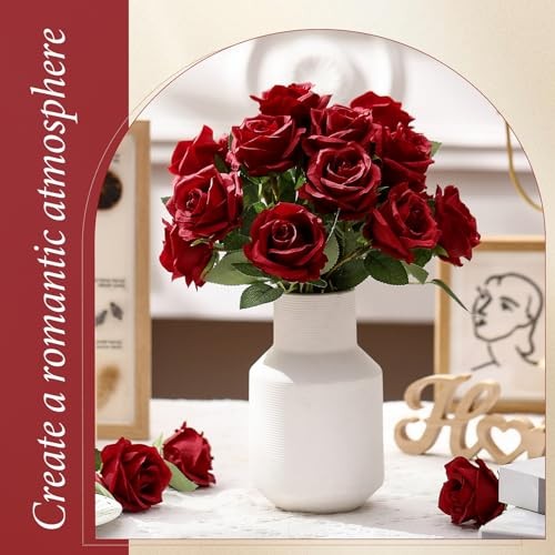 40 Pcs Rose Artificial Flowers Bulk with Long Stem,Realistic Silk Wine Red