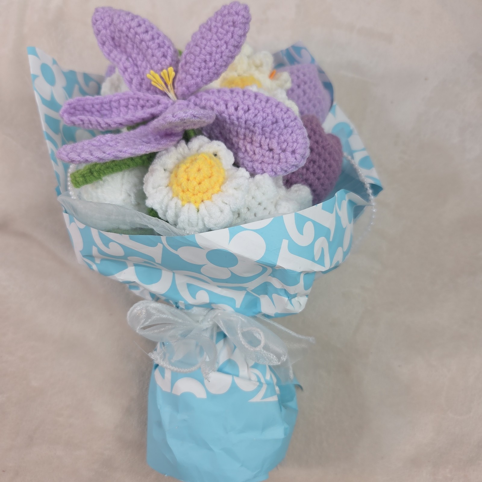 Crochet Flower Bouquet Purple Handmade Knitted Flowers Rose Tulips Bunch Bundle