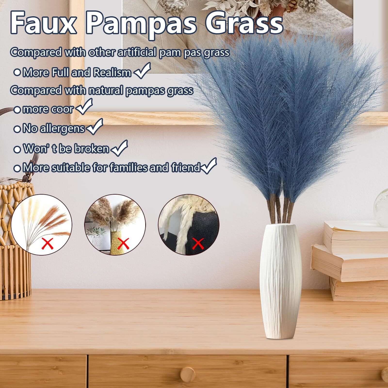 Dark Blue Pampas Grass Decor Tall-Faux Pampas Small 30″ 5 Pcs Dried Pampa Flo…